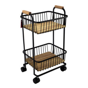 سبد جا پیاز و سیب زمینی مشکی دسته چوبی دو طبقه چرخ دار